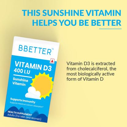BBETTER Vitamin D3 Supplement for Immunity, Healthy Bones & Strong Muscles - 60 softgels of Vitamin D (Cholecalciferol) with the recommended daily dosage of 400IU