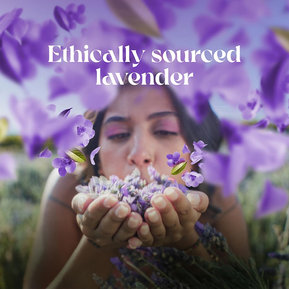 Woman holding lavender flowers with 'Ethically sourced lavender' text overlay