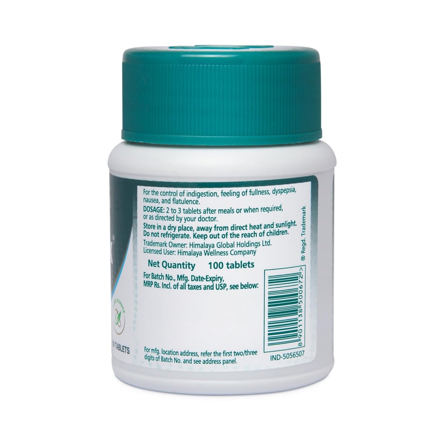 Back view of a white pill bottle with a green cap on a white background