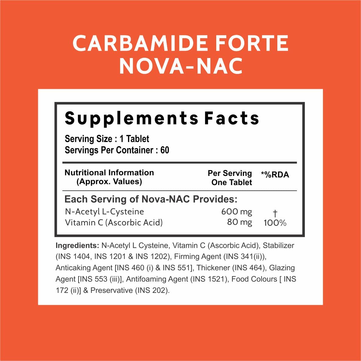 Supplement label for Carbamide Forte Nova-Nac on an orange background