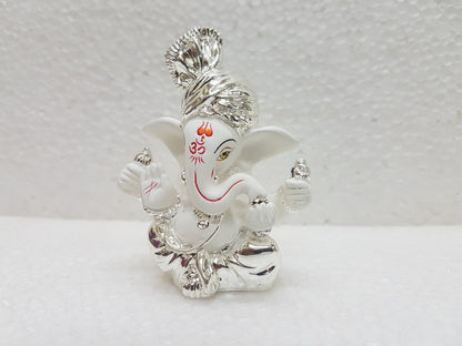 Gold Art India Ceramic Pagdi Ganesh Idol For Car Dashboard Small Ganesha Murti Ganpati Idol For Home Decor Puja Lord Ganesh Statue Gift For Office Desk Puja Room Figurine, 6X4X3Cm, Silver, Idol