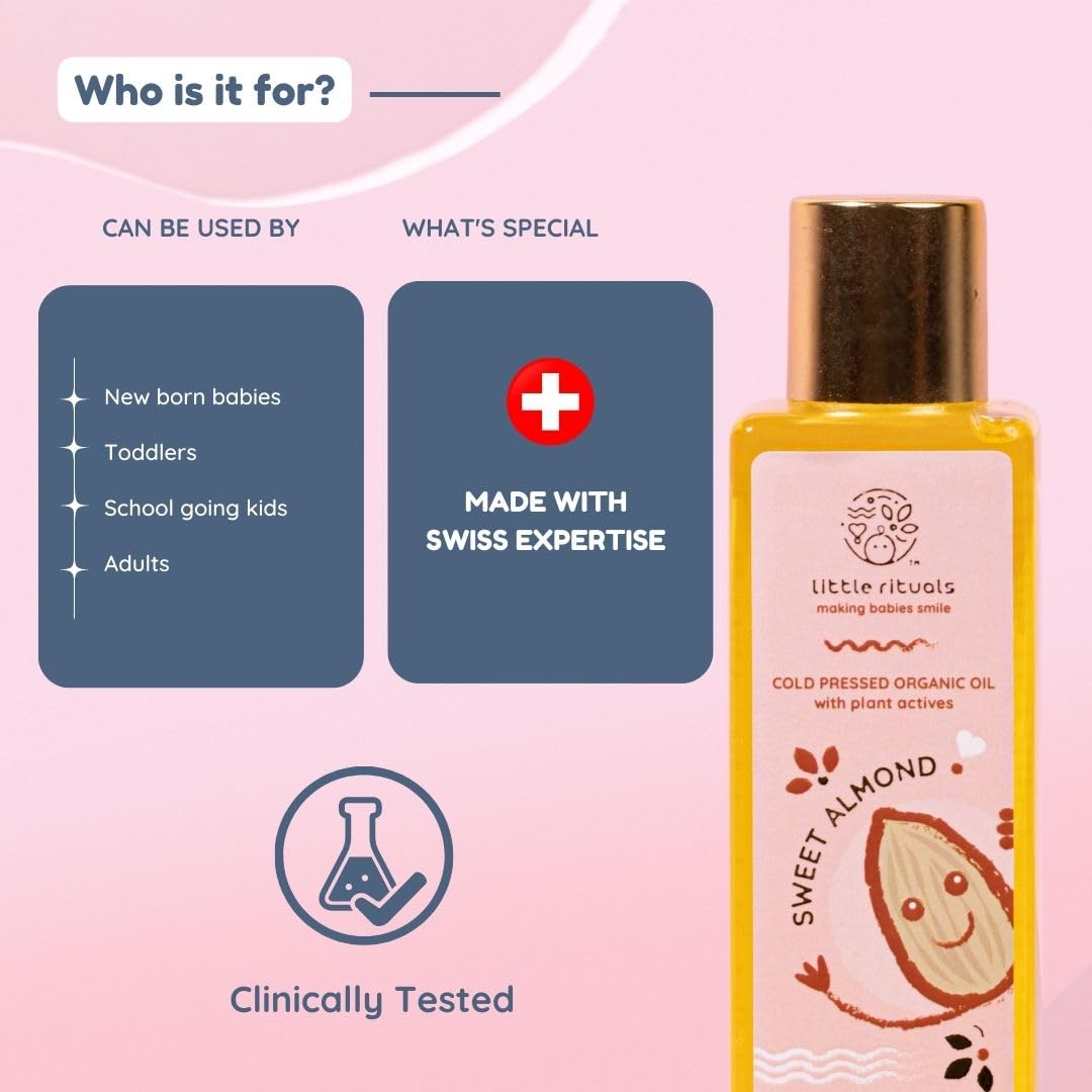Little Rituals SWEET ALMOND (BADAM OIL) Baby Massage Oil and Hair oil, Cold Pressed and Certified ORGANIC with SWISS Plant Actives. Dermatologist Tested by Pediatrics, Mild & Gentle & Safe (100 ML)