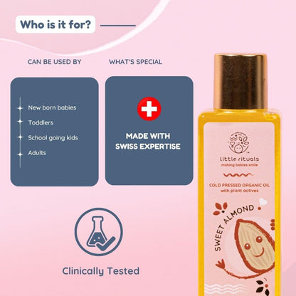 Little Rituals SWEET ALMOND (BADAM OIL) Baby Massage Oil and Hair oil, Cold Pressed and Certified ORGANIC with SWISS Plant Actives. Dermatologist Tested by Pediatrics, Mild & Gentle & Safe (100 ML)