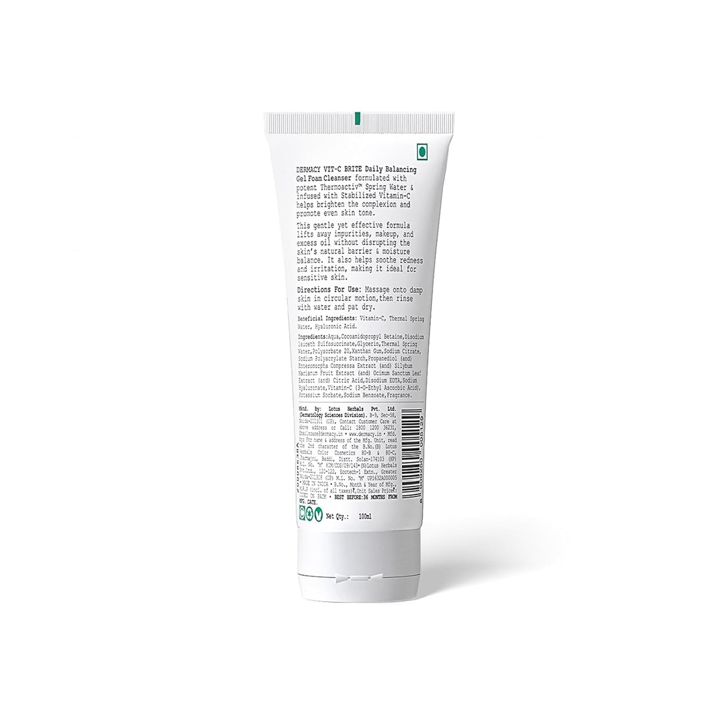 Dermacy Vit - C Brite Daily Balancing Gel Foam Cleanser | Brightening Cleanser That Removes Impurities and Boosts Radiance | 20% Stabilized Vitamin - C Complex + 100% Pure Hyaluronic Acid + ThermoActiv Spring Water | Suitable for All Skin Types | 100 ml