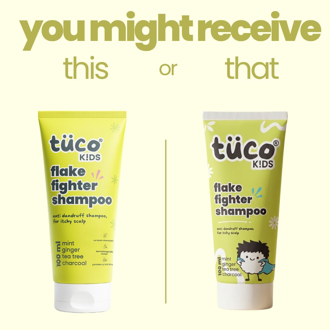 Two bottles of tüco Kids Flake Fighter Shampoo on a white background with text.