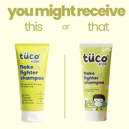 Two bottles of tüco Kids Flake Fighter Shampoo on a white background with text.