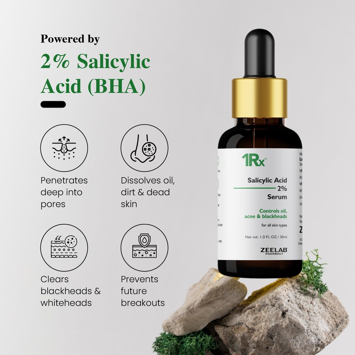 Zeelab 1RX Salicylic Acid 2% Face Serum 30ml | Acne & Pimple Control Serum | Unclogs Pores, Removes Blackheads & Whiteheads | Oil Control & Gentle Exfoliation for Oily & Acne-Prone Skin