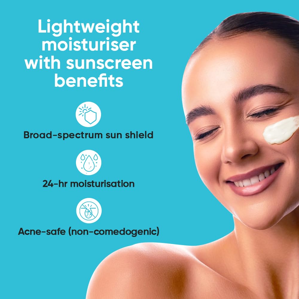 Woman applying moisturizer with text about a lightweight moisturizer with sunscreen benefits on a blue background