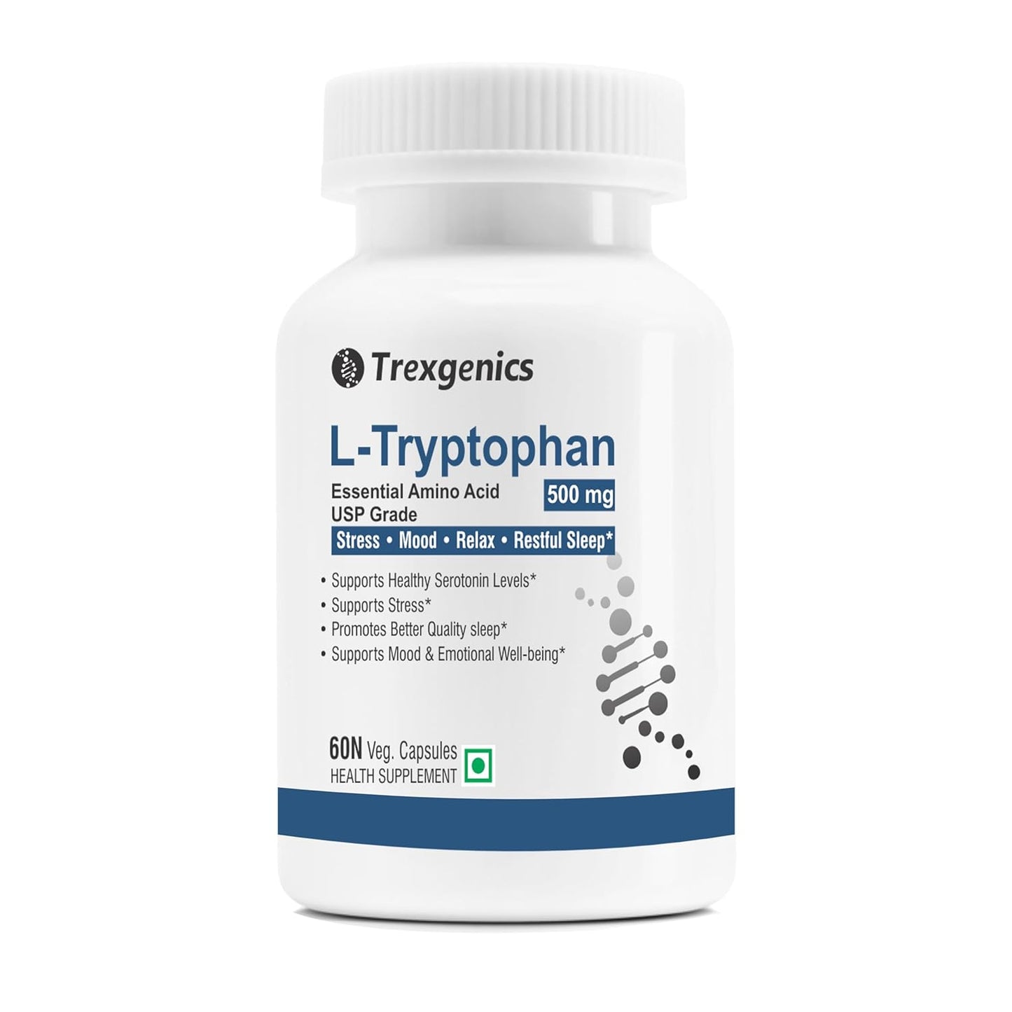 Trexgenics L-TRYPTOPHAN 500mg Essential amino acid, Stress, Mood, Relax, Restful Sleep Support (60 Vcaps) (1)