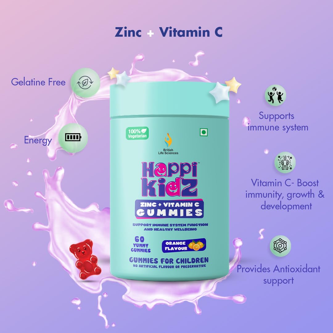 Happy Kidz Zinc + Vitamin C Gummies packaging on a purple background with product features highlighted.