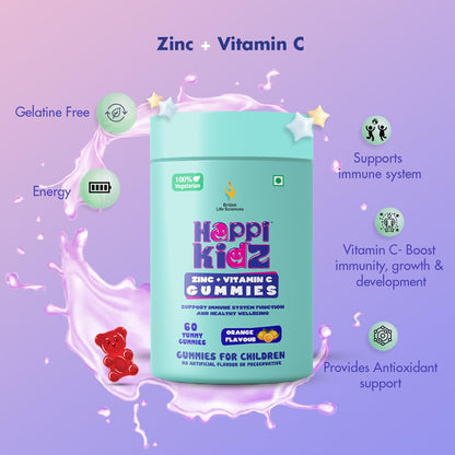 Happy Kidz Zinc + Vitamin C Gummies packaging on a purple background with product features highlighted.