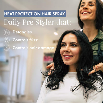 Advertisement for heat protection hair spray with a woman getting her hair styled.