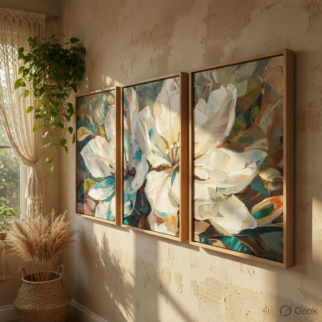 Abstract Floral Wall Painting Set of 3 with Wooden Frames | Modern White Flower Artwork HD Sparkle Laminated MDF Wall Decor | Contemporary Floral Wall Art for Living Room Bedroom