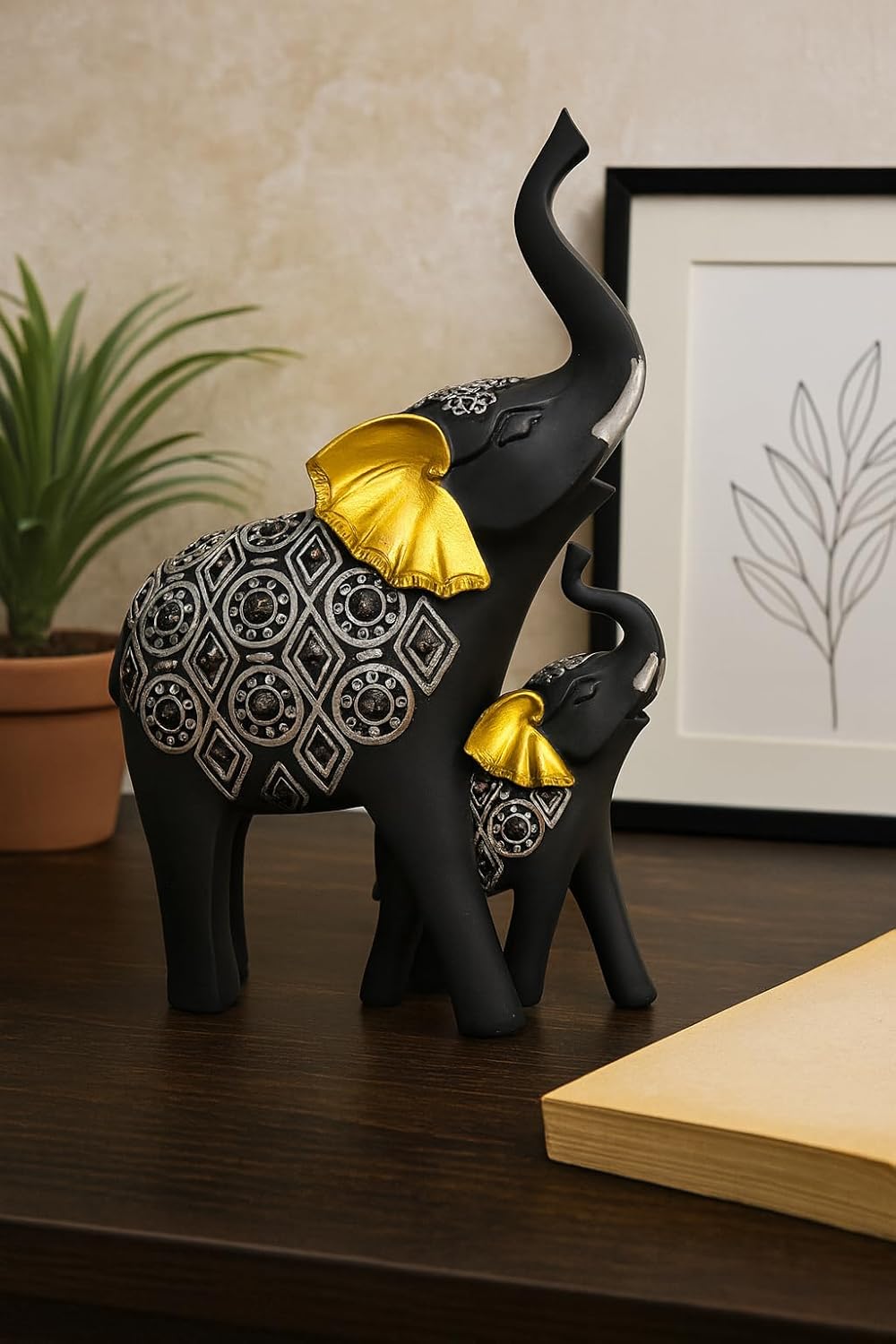 Black Elephant Figurines Showpiece with Silver Carving & Golden Ears | Decorative Resin Elephant Statue on Wooden Base | Good Luck Home Décor Gift for Living Room | Office & Festivals