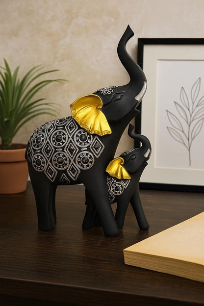 Black Elephant Figurines Showpiece with Silver Carving & Golden Ears | Decorative Resin Elephant Statue on Wooden Base | Good Luck Home Décor Gift for Living Room | Office & Festivals