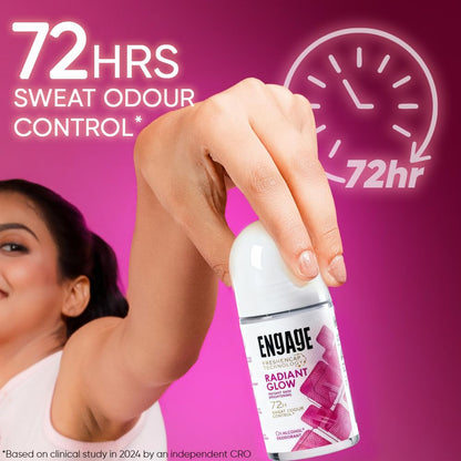 Engage Radiant Glow Underarm Roll On for Women |Instant Skin Brightening Deodorant|72 Hour Sweat & Odour Protection|Advanced Antiperspirant Formula|FreshEncap Technology| 0% Alcohol|Non Sticky|50ml