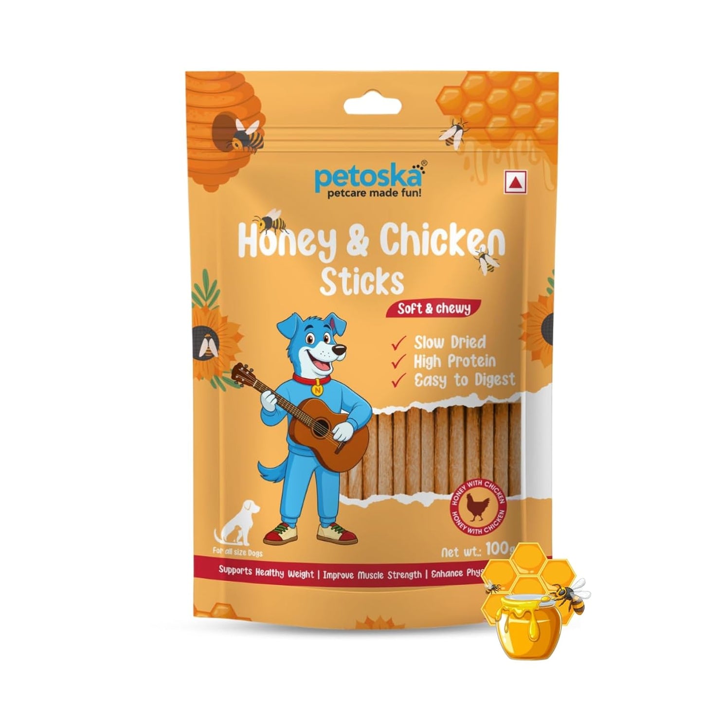 PETOSKA Chicken Honey Sticks- 100gms | Crunchy Dog Treats | Made with Natural Honey & Chicken | Highly Nutritious | Easy to Digest | Enhances Physical Health | Suitable for All Dog Breeds | Pack of 1