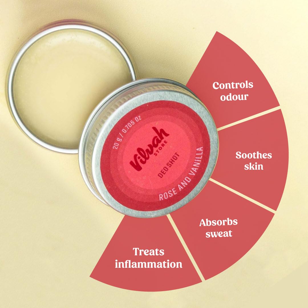 Vilvah Rose & Vanilla Deo Shot | Natural Underarm Deodorant for Odour Control & Dark Underarms | Absorbs Odour, Soothes Skin & Refreshes with Natural Fragrance | With Shea Butter, Rose & Vanilla Oils | Men & Women | 20g