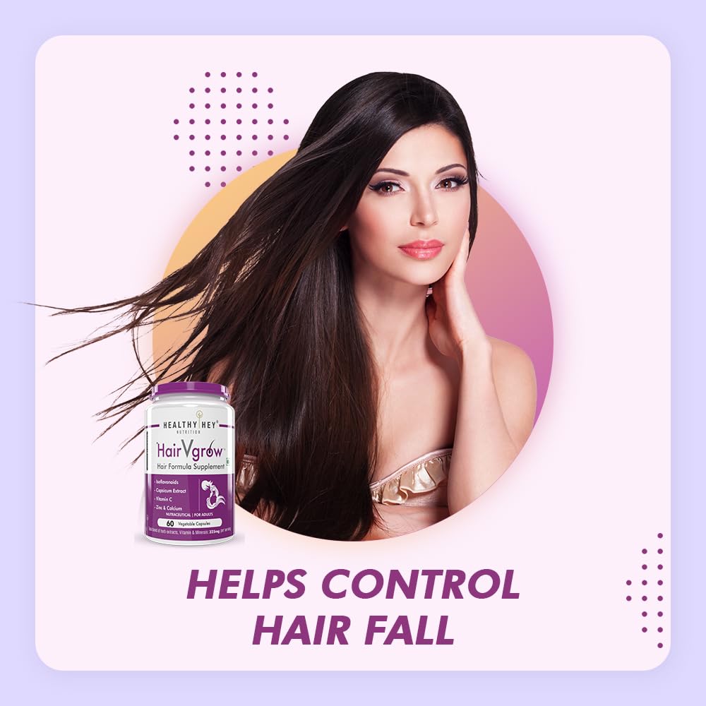 Woman with long hair next to a bottle of Hair Regrow supplement on a light purple background