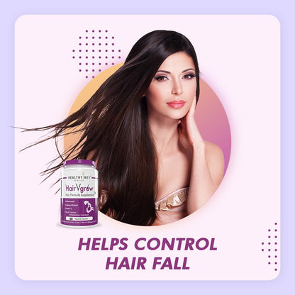 Woman with long hair next to a bottle of Hair Regrow supplement on a light purple background