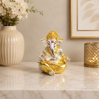 Gold Art India Gold and Silver Plated Matte Finish Ganesh Idol For Car Dashboard Ganesha Murti Ganpati Idol For Home Decor Puja Lord Ganesh Statue Gift For Office Desk Puja Room Figurine, 3 x 3 inches