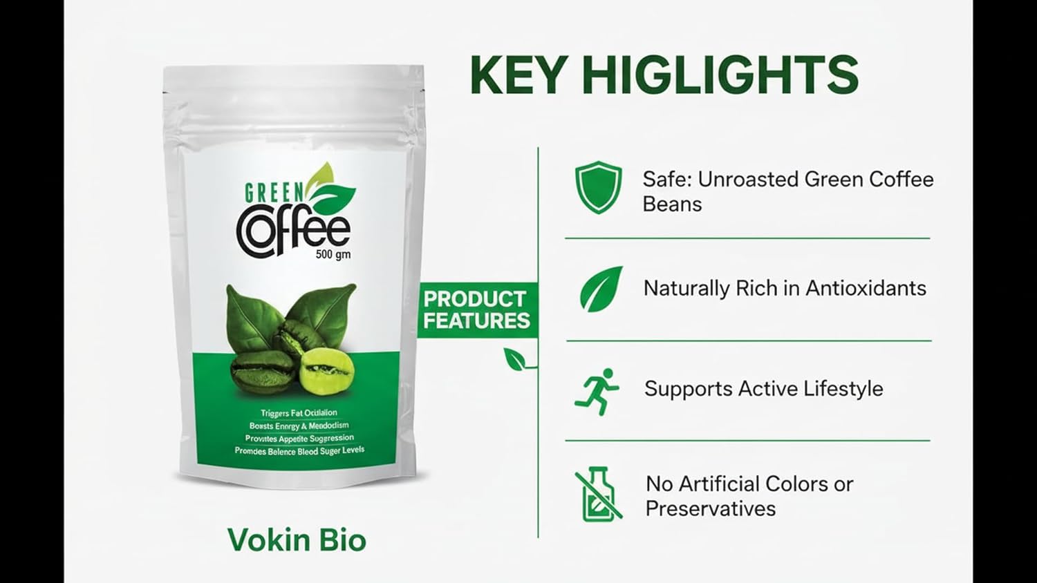 Green coffee product packaging with Vokin Bio branding and key highlights listed on a white background.