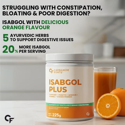 Isabgol Plus container with text about digestive issues and a glass of orange juice.