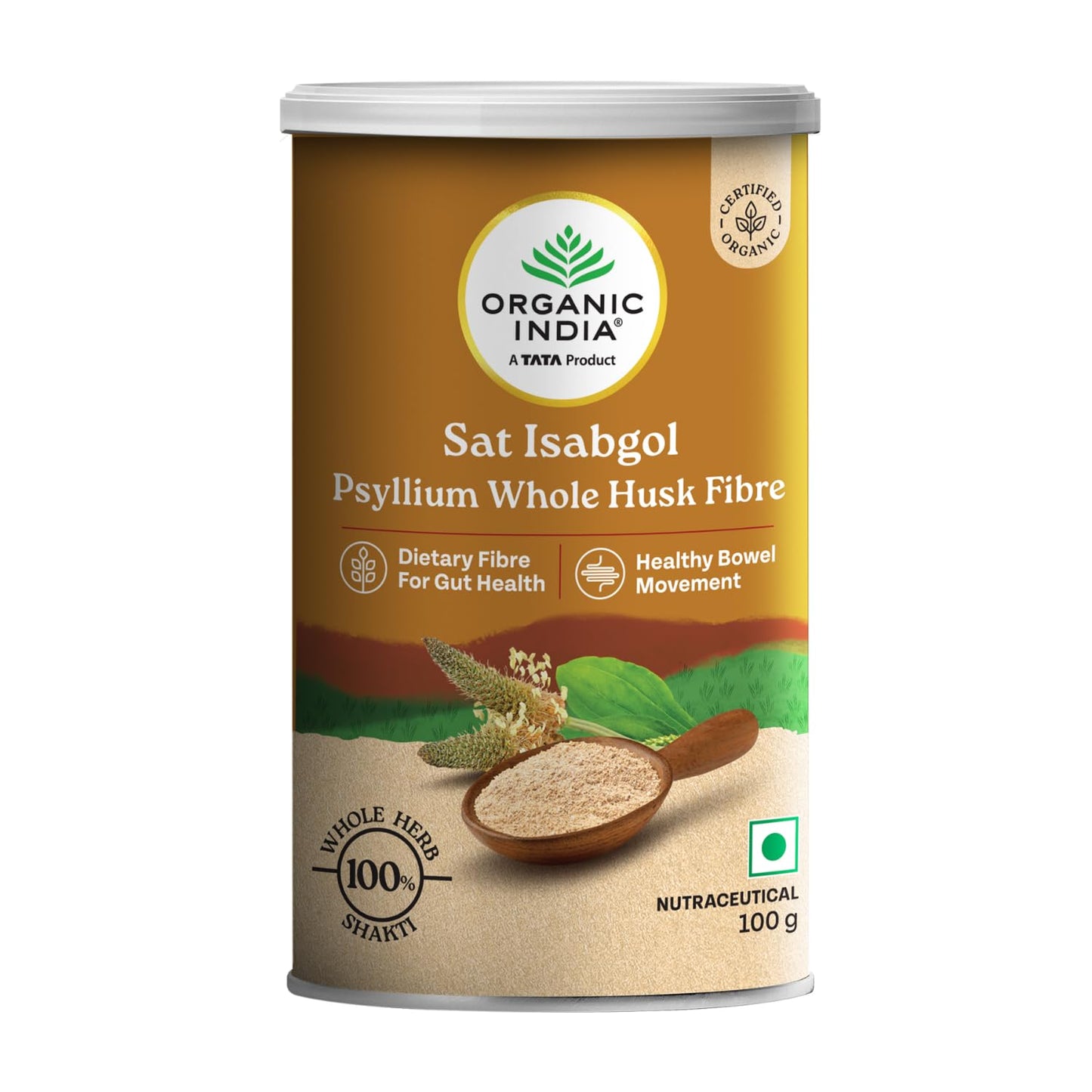 A TATA Product - Organic India Sat Isabgol Psyllium Whole Husk Powder - 100g, With Dietary Fiber, Supports Heart Health & Digestive System, Gluten Free, Non-GMO Project Verified, NPOP & USDA Certified