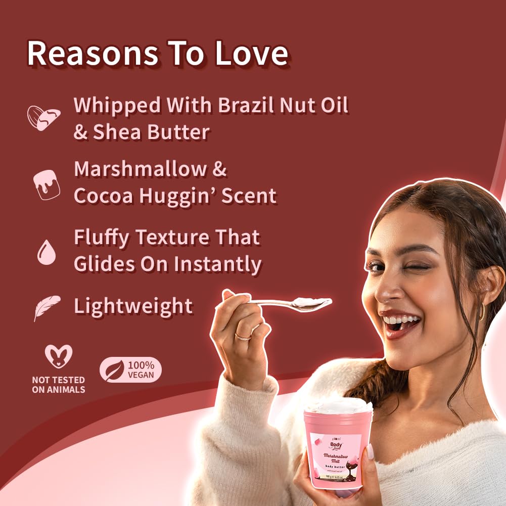 Plum BodyLovin' Marshmallow Melt Body Butter | Shea Butter & Brazil Nut Oil for Deep Moisturization | Non-Greasy & Lightweight | Buttery Soft, Smooth & Moisturised Skin | For Dry To Very Dry Skin | Cozy Cocoa Fragrance | 180gm