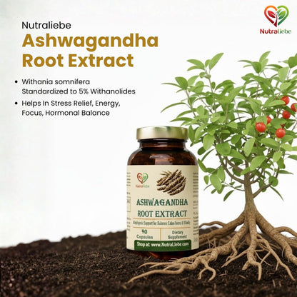 Nutraliebe Ashwagandha Root Extract 600 mg – Withania somnifera Standardized to 5% Withanolides | Stress Relief, Energy, Focus & Hormonal Balance | Adaptogenic Ayurvedic Herb | 90 Vegetarian Capsules | Non-GMO, Gluten-Free