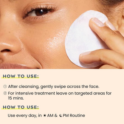 Person applying a facial product with a cotton pad, accompanied by usage instructions.