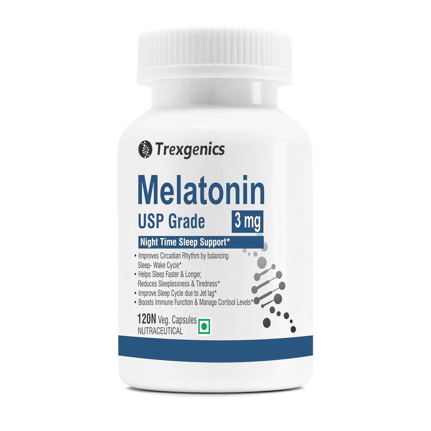 Trexgenics Melatonin 3 mg USP grade Night Time Sleep, Circadian rhythm, jet lag, cortisol balance Support(120 Veg.Capsules) (Melatonin 3 mg (120))