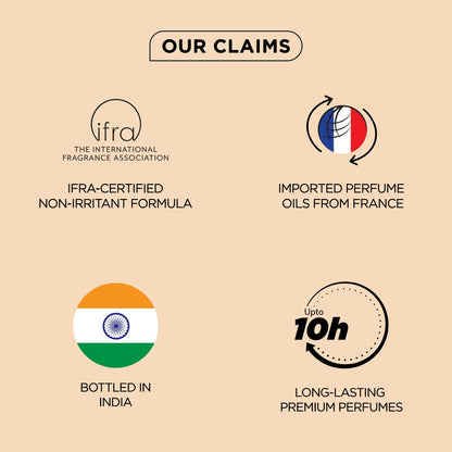 Promotional graphic with IFRA certification, imported perfume oils from France, bottled in India, and long-lasting premium perfumes on a beige background.