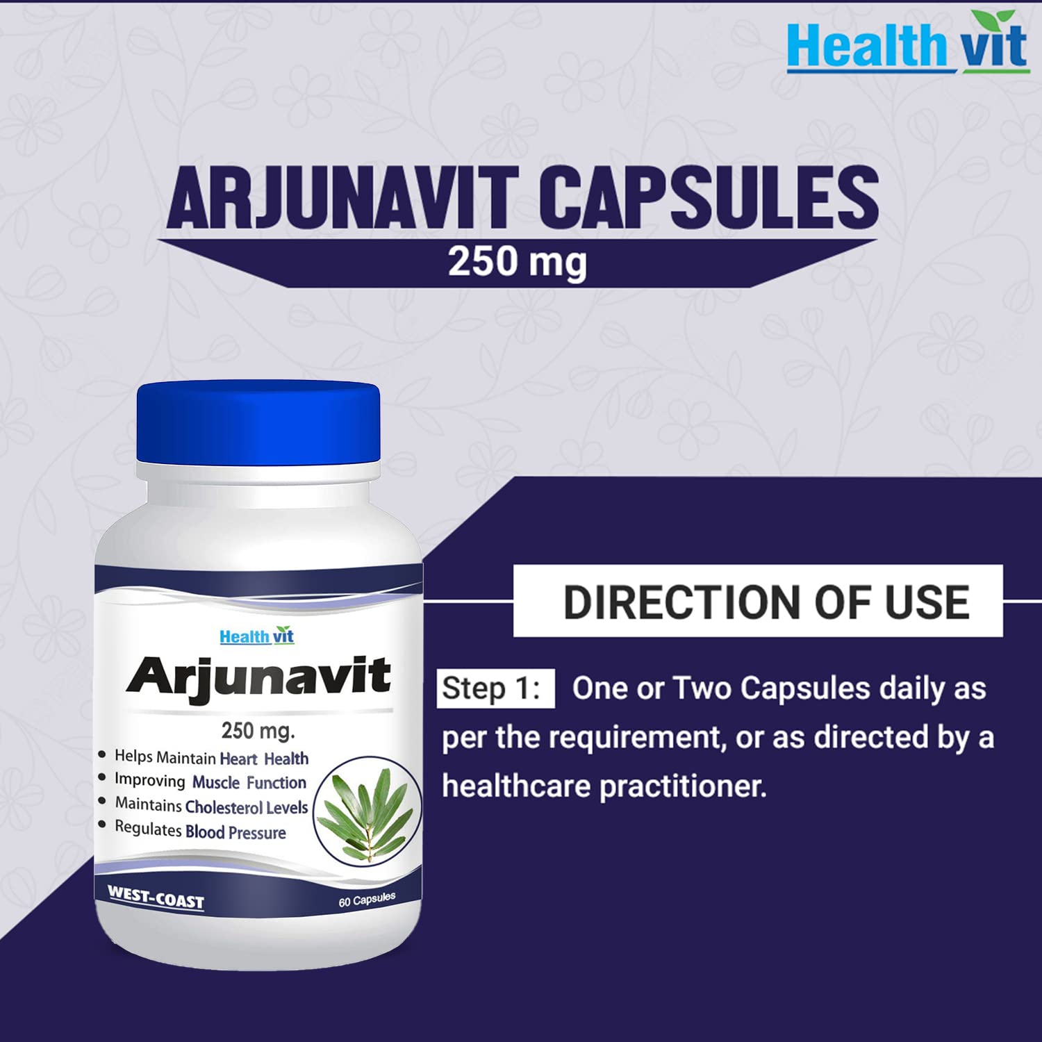 Healthvit Arjunavit capsules 250 mg with directions on a blue and white background
