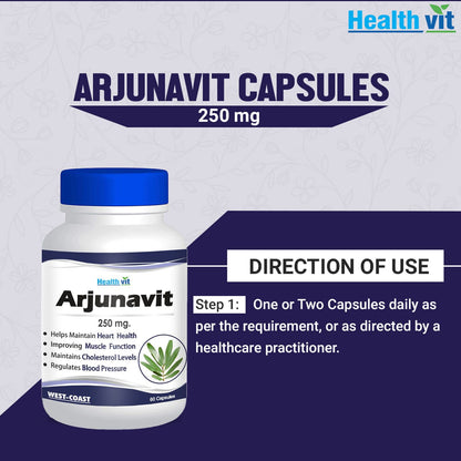 Healthvit Arjunavit capsules 250 mg with directions on a blue and white background