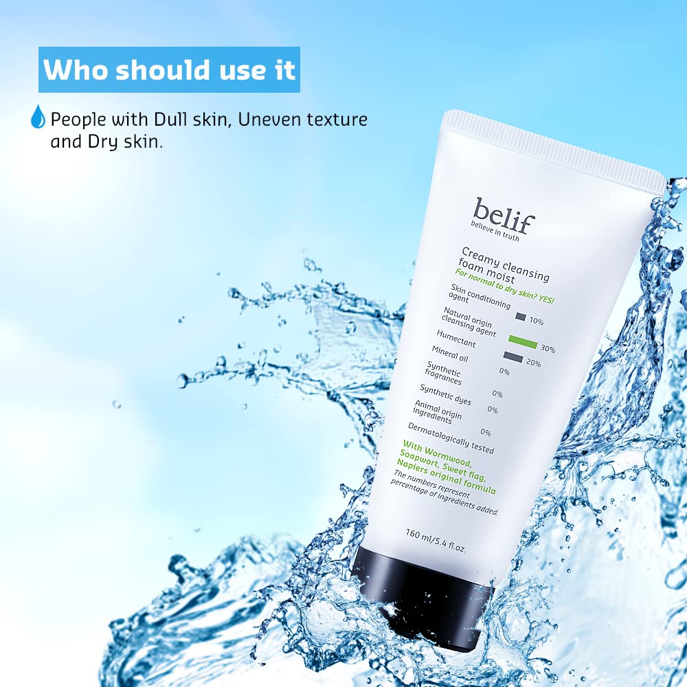 Cleansing foam with water droplets and text on a blue background