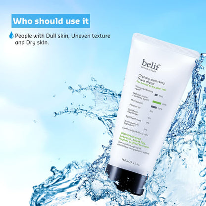 Cleansing foam with water droplets and text on a blue background