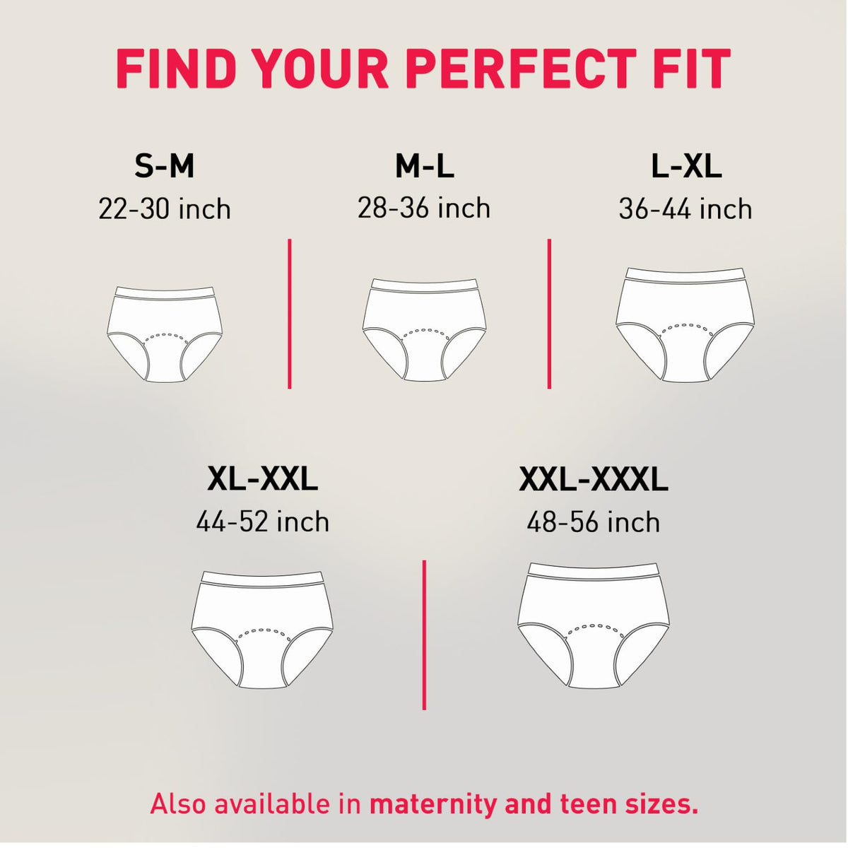 Size chart for women's underwear with measurements and corresponding waist sizes.