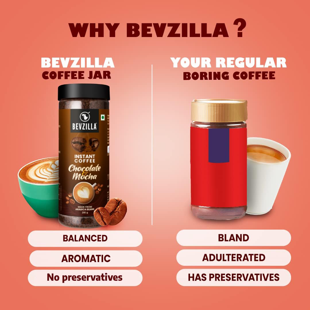 Bevzilla Chocolate & Mocha (Choco-Mocha) Instant Coffee Powder Jar – 200g | Arabica Beans with Chocolaty Twist | Perfect for Espresso, Latte & Cappuccino | Enjoy Hot & Cold Brews