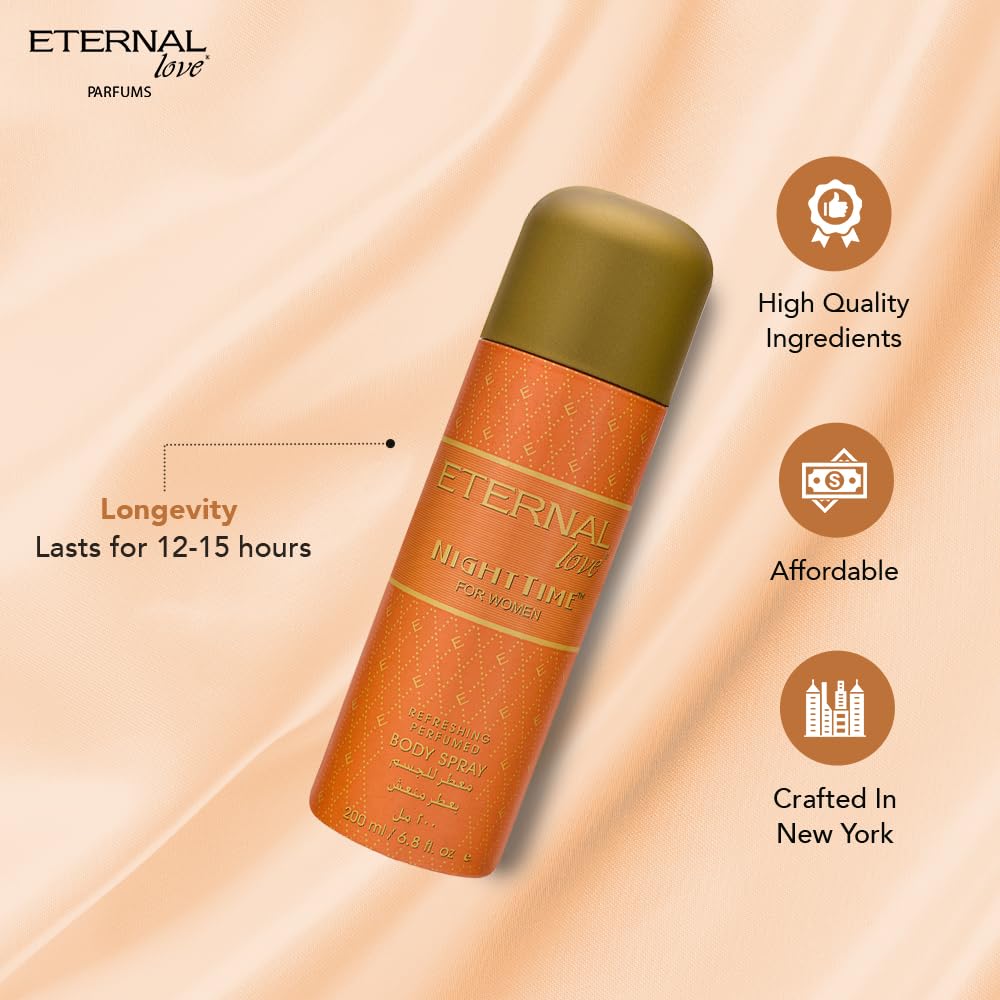 Deodorant spray bottle with 'Eternal Love' branding on a beige background