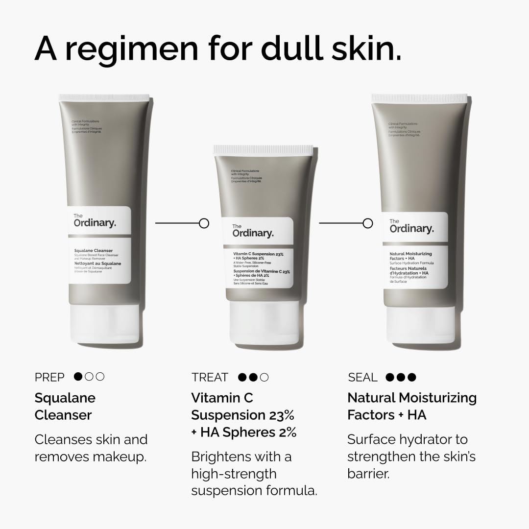 Three skincare products from 'The Ordinary' on a white background with text describing their uses.