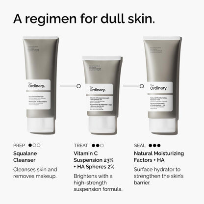 Three skincare products from 'The Ordinary' on a white background with text describing their uses.