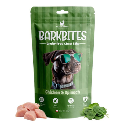 PETS EMPIRE BARKBITES Chicken & Spinach Dog Chew Sticks | Healthy Grain-Free Dog Treats | High Protein + Fiber Rich Training Snacks | Soft Chews for Puppies & Adult Dogs | 100g