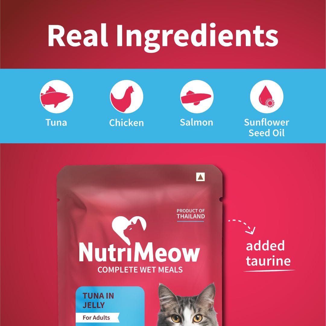 NutriMeow Tuna in Jelly Wet Food Pouch for Adult Cats - 80gm | High Protein, Nutritious & Tasty | Complete & Balanced Cat Meal | Healthy Food for Persian & All Breeds