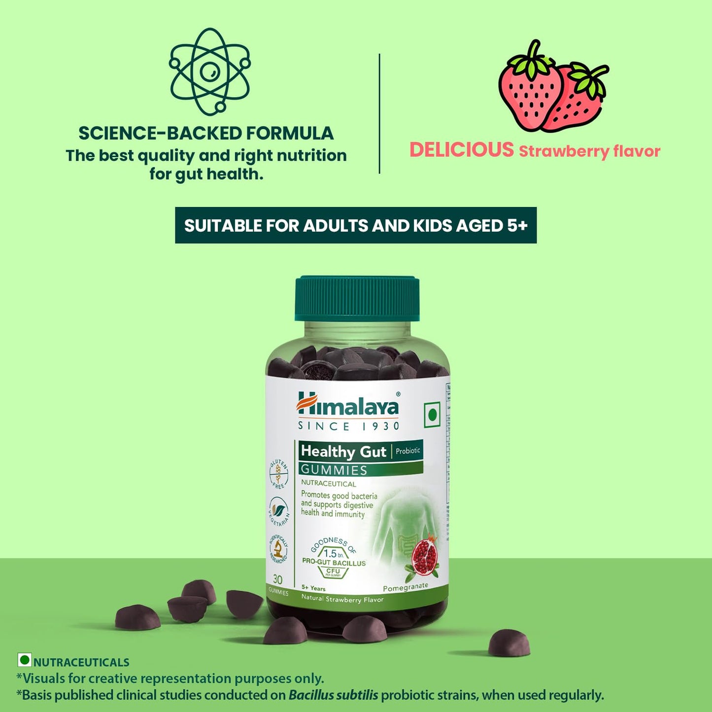 Bottle of Himalaya Healthy Gut Probiotics gummies on a green background with text about science-backed formula and strawberry flavor.