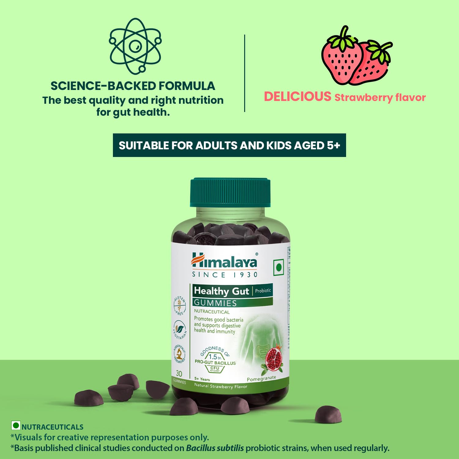 Bottle of Himalaya Healthy Gut Probiotics gummies on a green background with text about science-backed formula and strawberry flavor.