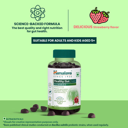 Bottle of Himalaya Healthy Gut Probiotics gummies on a green background with text about science-backed formula and strawberry flavor.