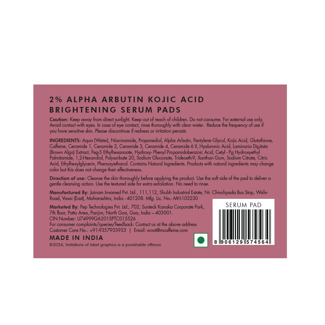 Back label of 2% Alpha Arbutin Kojic Acid Brightening Serum Pads with text and barcode on a pink background