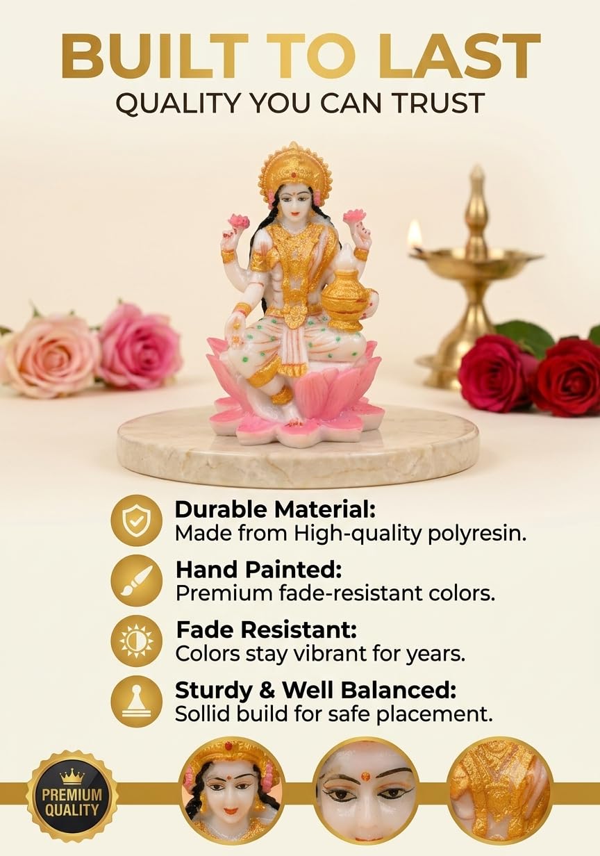 Goddess Laxmi Idol Sitting on Lotus | Handpainted Laxmi Murti on Pink Lotus Goddess Lakshmi Idol for Housewarming Gift Religious Showpiece (3.5 x 1.5 Inch)