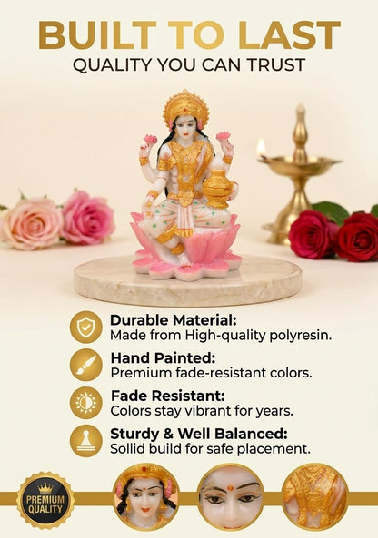 Goddess Laxmi Idol Sitting on Lotus | Handpainted Laxmi Murti on Pink Lotus Goddess Lakshmi Idol for Housewarming Gift Religious Showpiece (3.5 x 1.5 Inch)